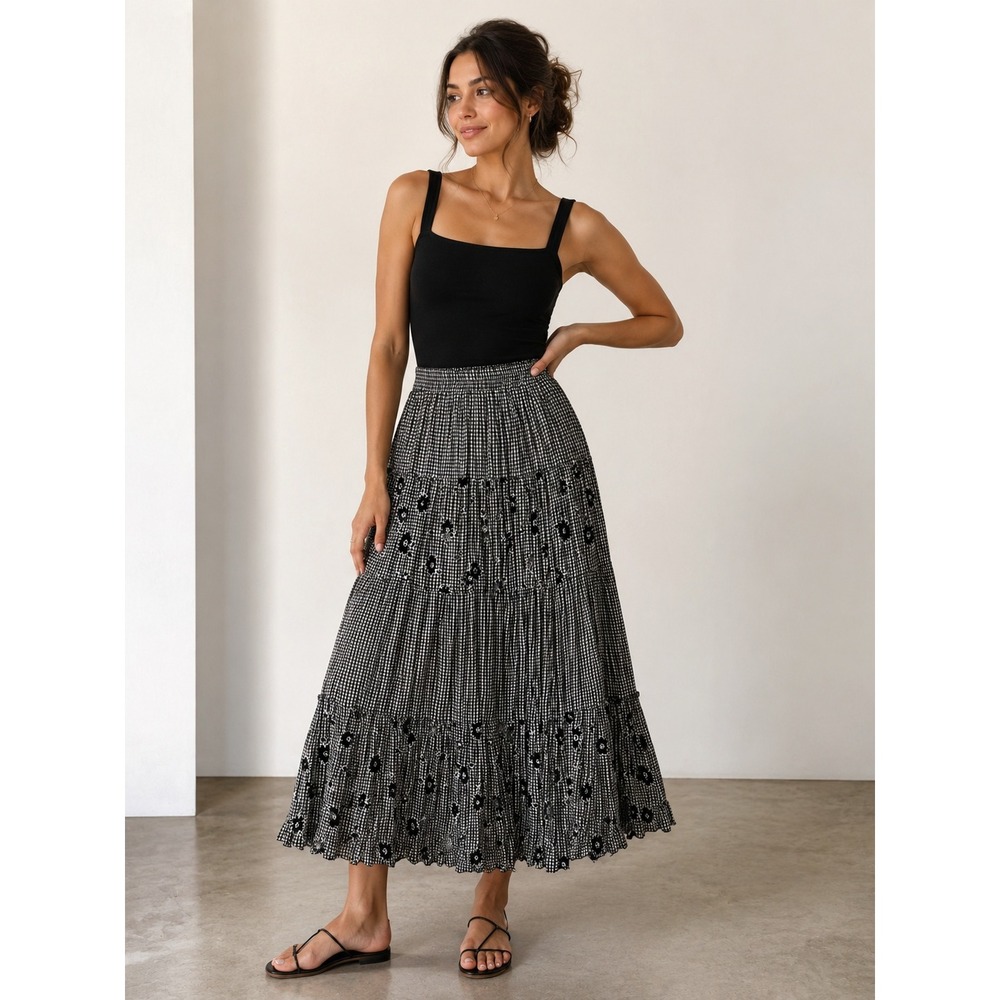 On the Verge Black White Gingham Embroidered Flower Broomstick Maxi Skirt Med